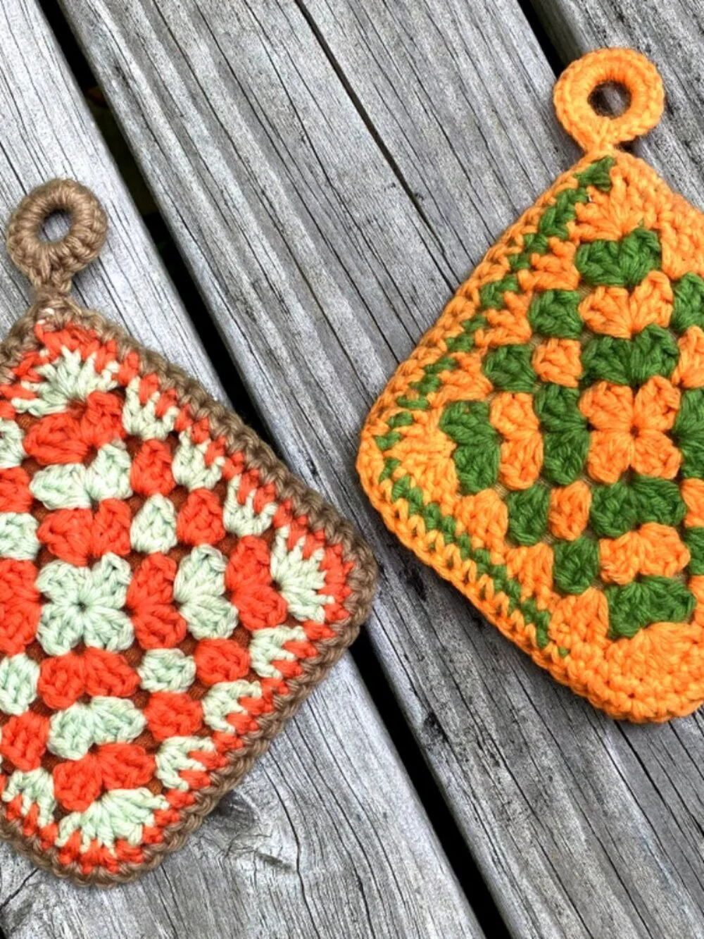 Granny square Potholders Double-sided 7 X 7 Handmade Green Orange Brown Crochet